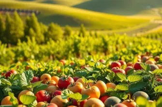 A lush sunlit orchard filled with various fruits and vegetables growing.