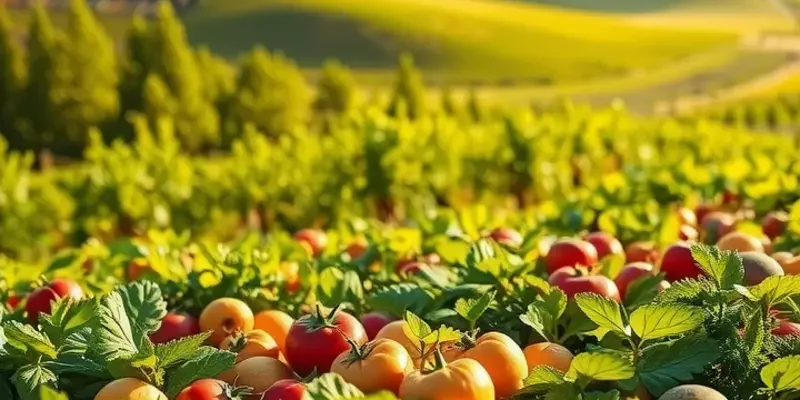 A lush sunlit orchard filled with various fruits and vegetables growing.