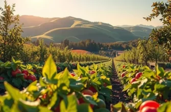 A stunning view of an orchard filled with vibrant organic fruits and vegetables under soft sunlight.