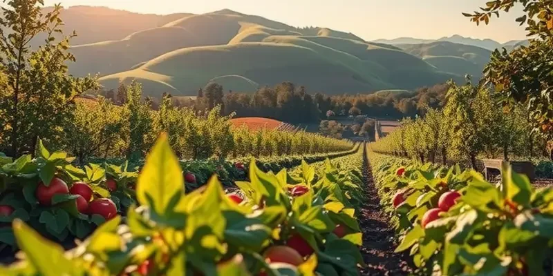 A stunning view of an orchard filled with vibrant organic fruits and vegetables under soft sunlight.