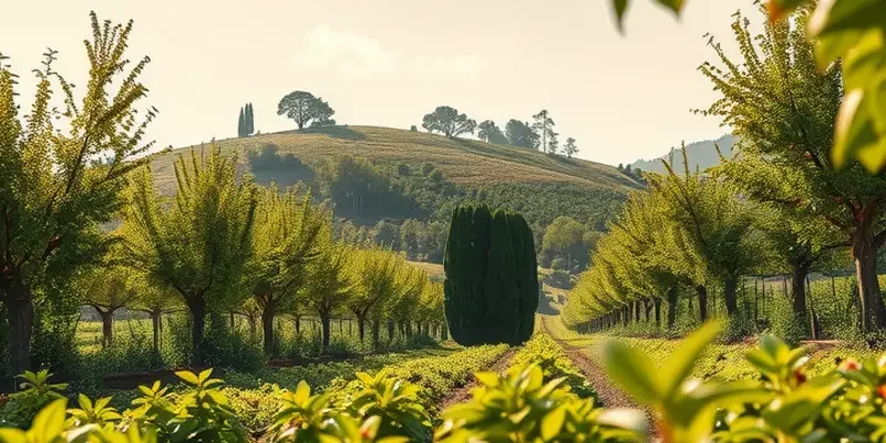 A scenic view displaying a lush field of colorful organic fruits and vegetables.