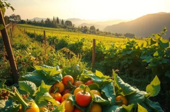 A scenic landscape of a sunlit orchard showcasing vibrant vegetables and fruits against a backdrop of greenery.