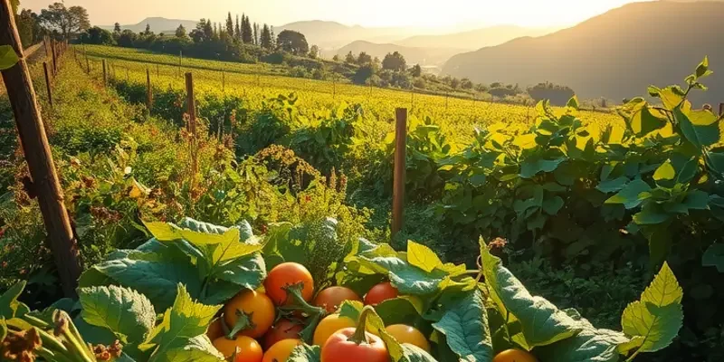 A scenic landscape of a sunlit orchard showcasing vibrant vegetables and fruits against a backdrop of greenery.
