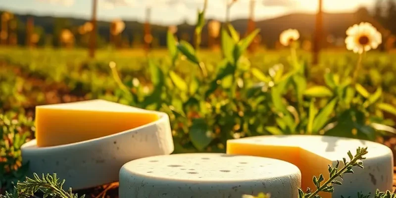 A sunny orchard scene depicting healthy organic fruits and vegetables growing in a natural setting.