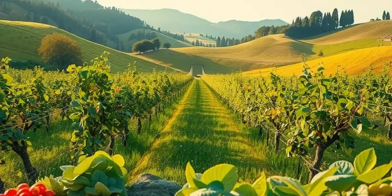 A delightful view of an organic farm showcasing a variety of fresh produce in a natural setting.