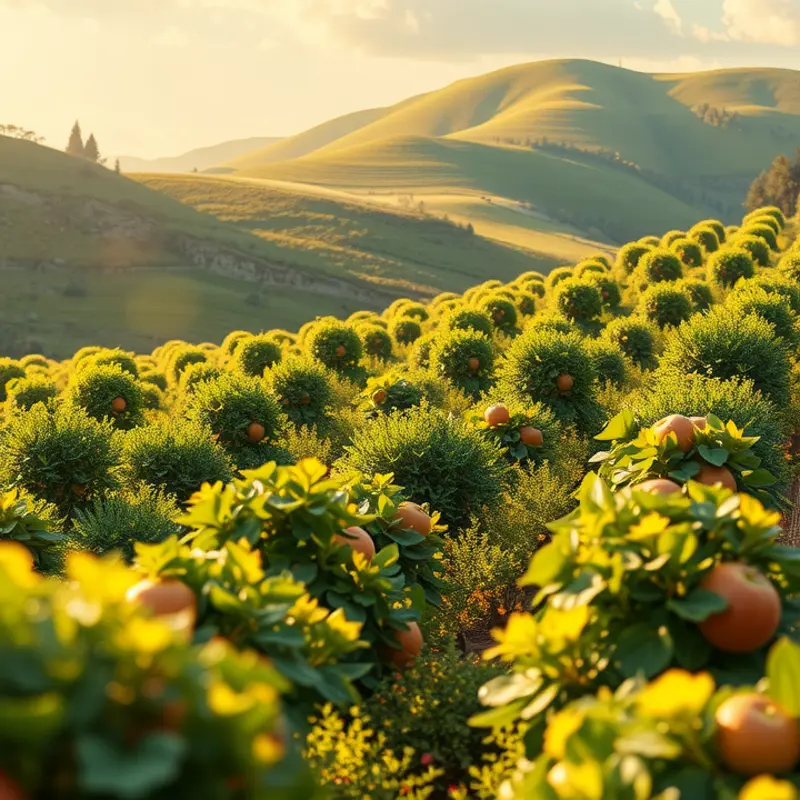 A vibrant sunlit landscape showcasing the abundance of fruits and vegetables.