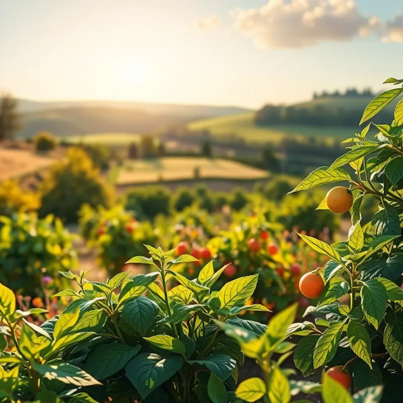 A vibrant orchard filled with fresh fruits and vegetables, representing natural health and abundance.