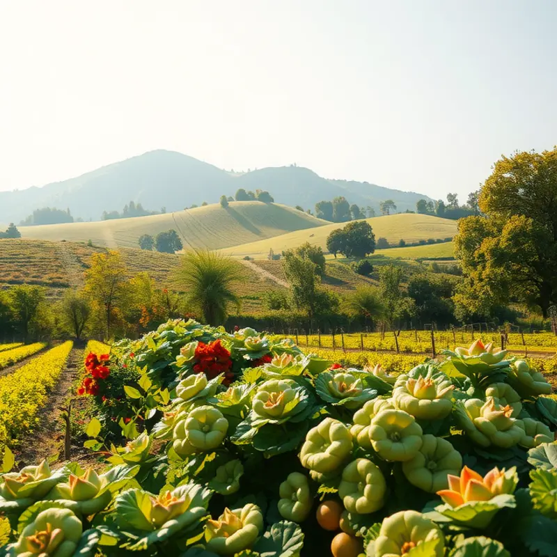A vivid sunlit field showcasing vibrant vegetables and fruits.