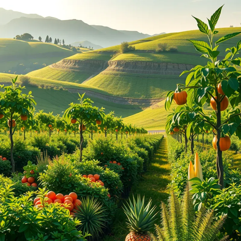 A sunlit orchard showcasing fresh fruits and vegetables, symbolizing healthy nutrition.