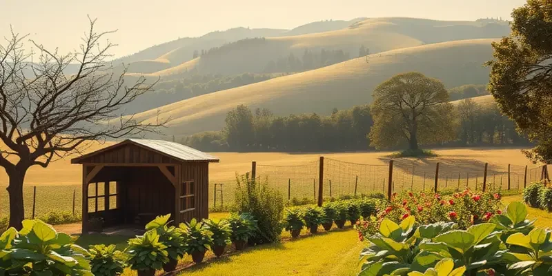 A serene landscape depicting a lush field of vegetables under soft sunlight.