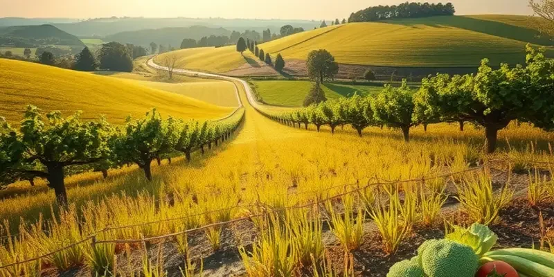 A bright, natural field filled with healthy fruits and vegetables.