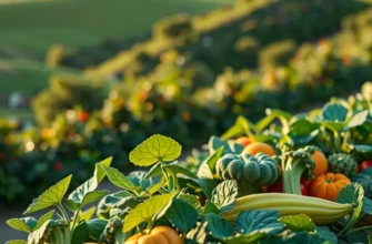 A scenic view of a sunlit field showcasing an abundance of colorful fruits and vegetables growing amidst lush greenery.