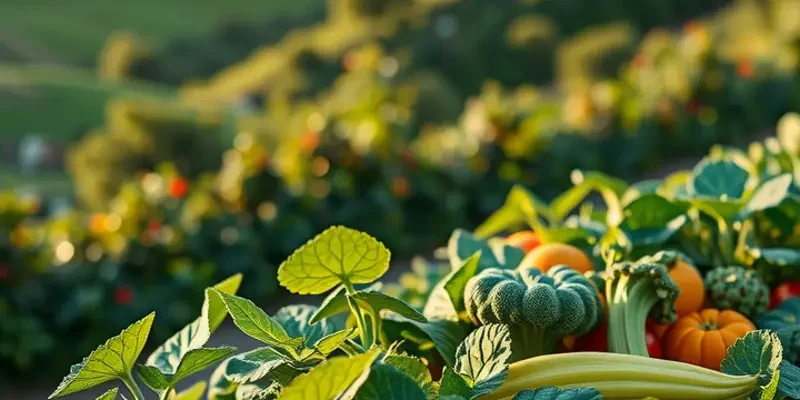 A scenic view of a sunlit field showcasing an abundance of colorful fruits and vegetables growing amidst lush greenery.