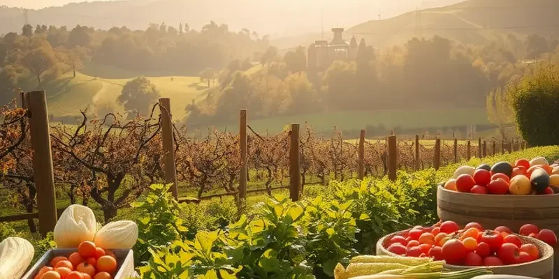 Idyllic landscape with healthy nutrition elements symbolizing heart health.