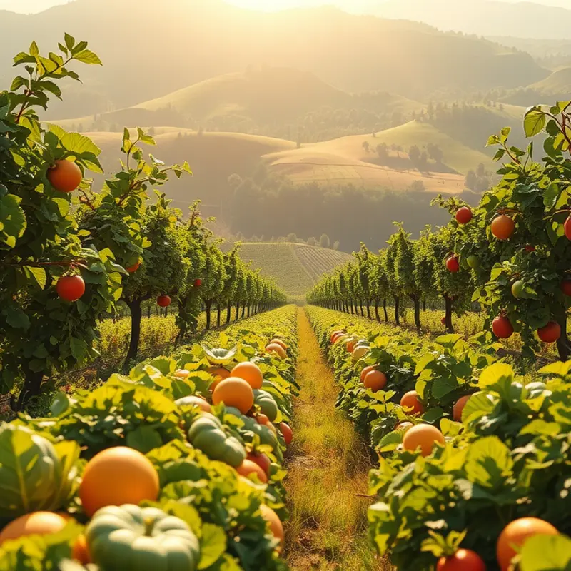 A sunlit field overflowing with fresh vegetables and fruits, symbolizing the abundance of nature.