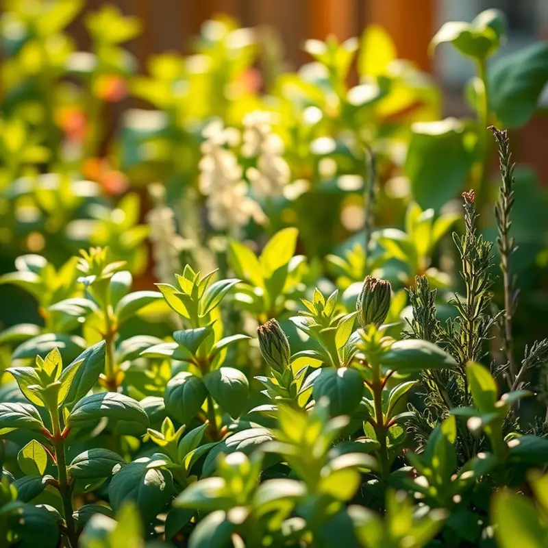 A sunlit herb garden showcasing vibrant herbs, emphasizing freshness.