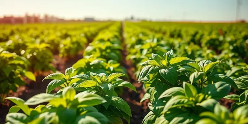 A landscape showing a variety of culinary herbs growing in a vibrant garden under sunlight.