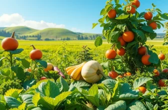 Sunlit field filled with lush, thriving herbs in a beautiful natural landscape.