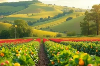 A serene sunlit landscape showcasing a variety of organic herbs and vegetables.