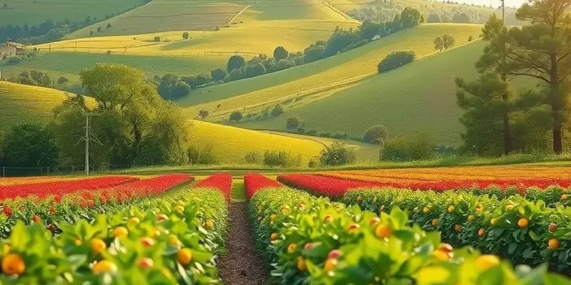 A serene sunlit landscape showcasing a variety of organic herbs and vegetables.