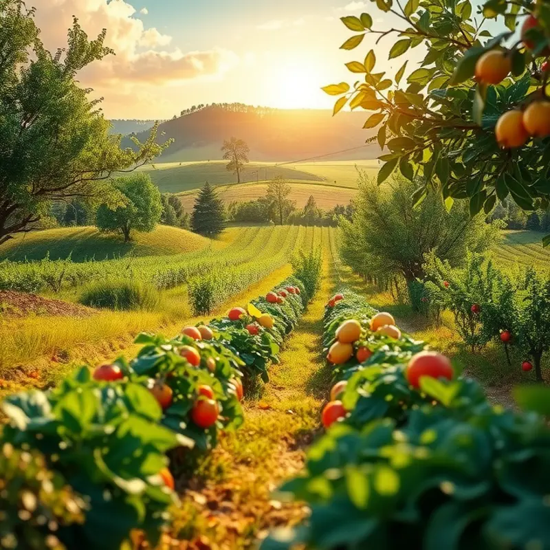 A vibrant sunlit field full of lush herbs and organic produce.