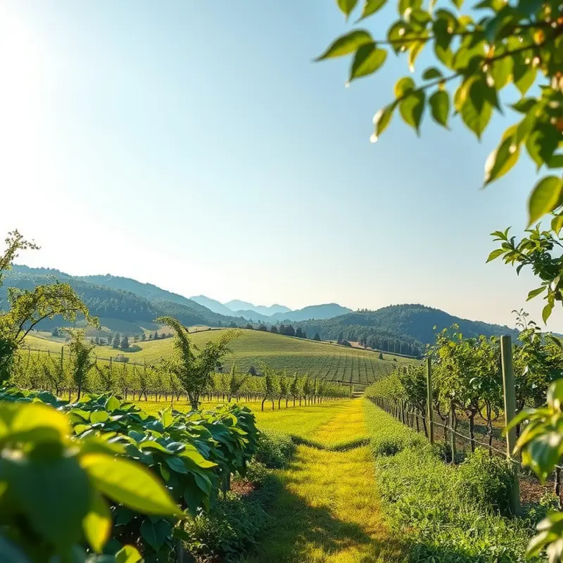 A serene sunlit organic field showcasing vibrant vegetables and fruits.