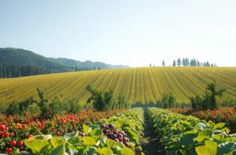 A picturesque sunlit field filled with colorful organic fruits and vegetables, symbolizing culinary heritage.