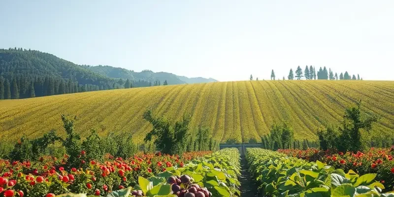 A picturesque sunlit field filled with colorful organic fruits and vegetables, symbolizing culinary heritage.