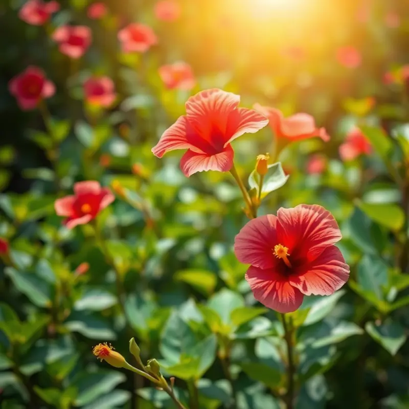 A vibrant display of hibiscus flowers blooming in a sunlit field.