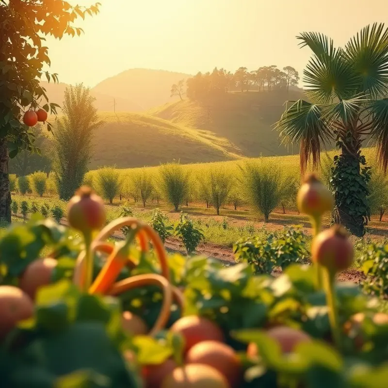 A thriving orchard bursting with fresh fruits and vegetables, symbolizing the essence of high-energy vegan diets.