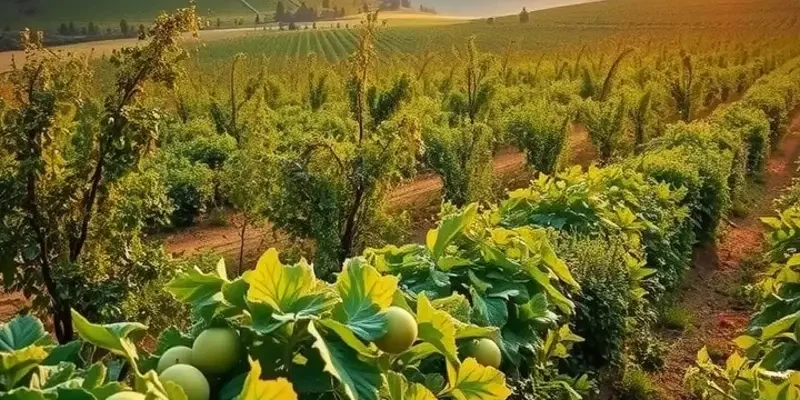 A beautiful sunlit field filled with a variety of organic fruits and vegetables.