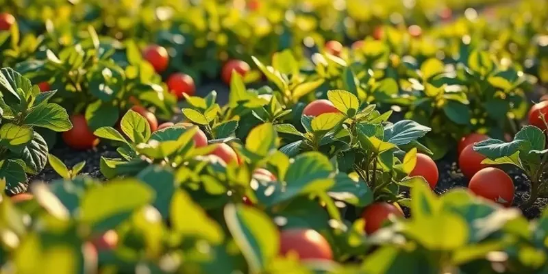 A sunlit field with an abundance of vegetables and fruits representing the essence of healthy nutrition and culinary history.