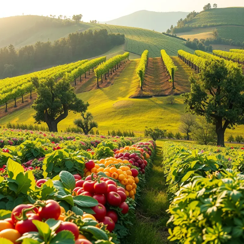A vibrant sunlit field showcasing organic fruits and vegetables.