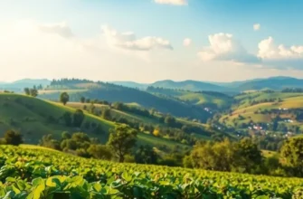 A tranquil landscape filled with fresh organic fruits and vegetables under bright sunlight.