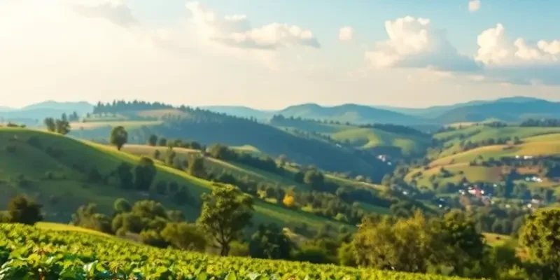 A tranquil landscape filled with fresh organic fruits and vegetables under bright sunlight.