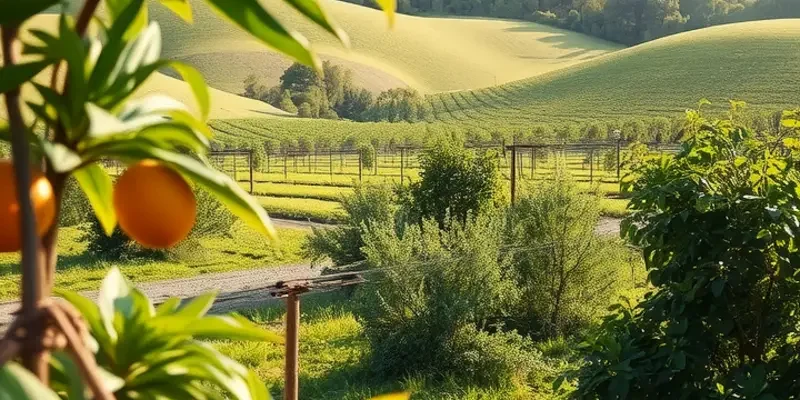 Photorealistic sunlit field filled with a variety of fruits and vegetables, showcasing elements of healthy eating.