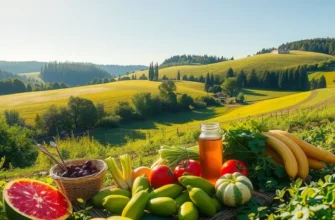 A vibrant, sunlit landscape full of fruits and vegetables symbolizing hydration's role in nutrition.