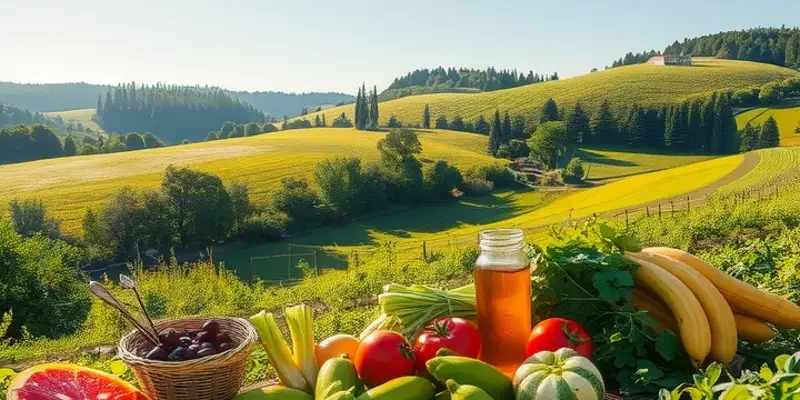 A vibrant, sunlit landscape full of fruits and vegetables symbolizing hydration's role in nutrition.