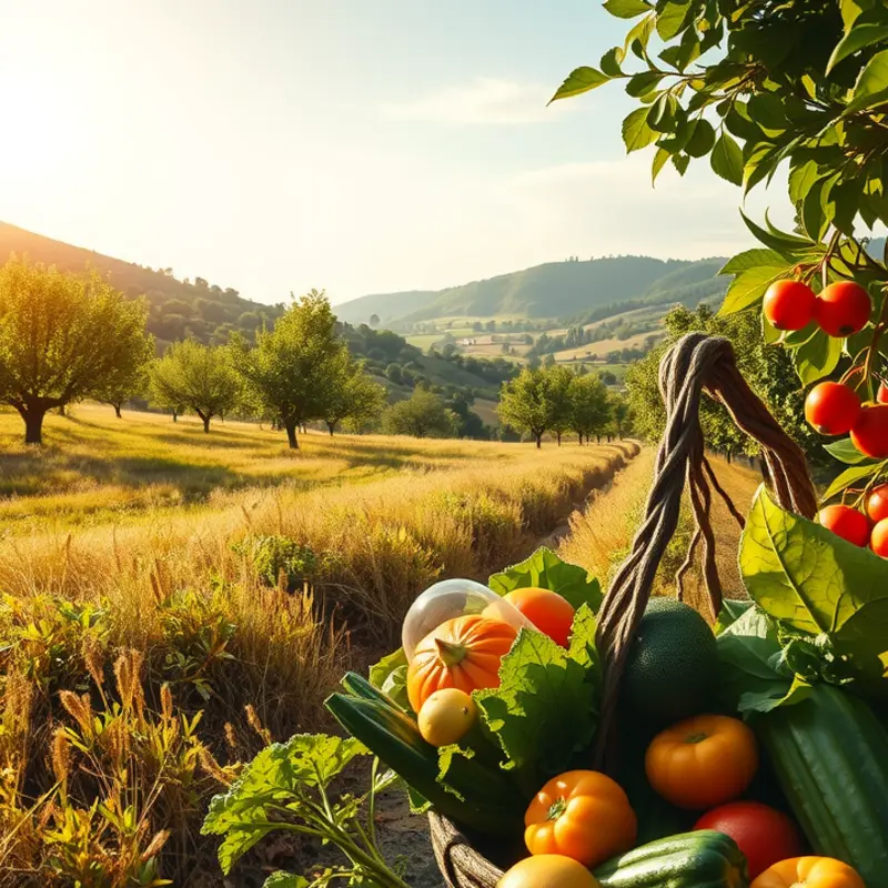 A sunlit landscape showcasing the abundance of nature and healthy nutrition.