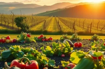 A scenic landscape featuring a field of fresh fruits and vegetables in a natural, sunlit environment.