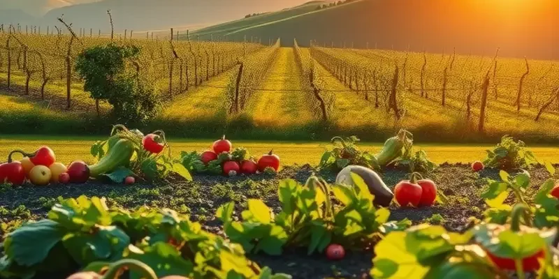 A scenic landscape featuring a field of fresh fruits and vegetables in a natural, sunlit environment.