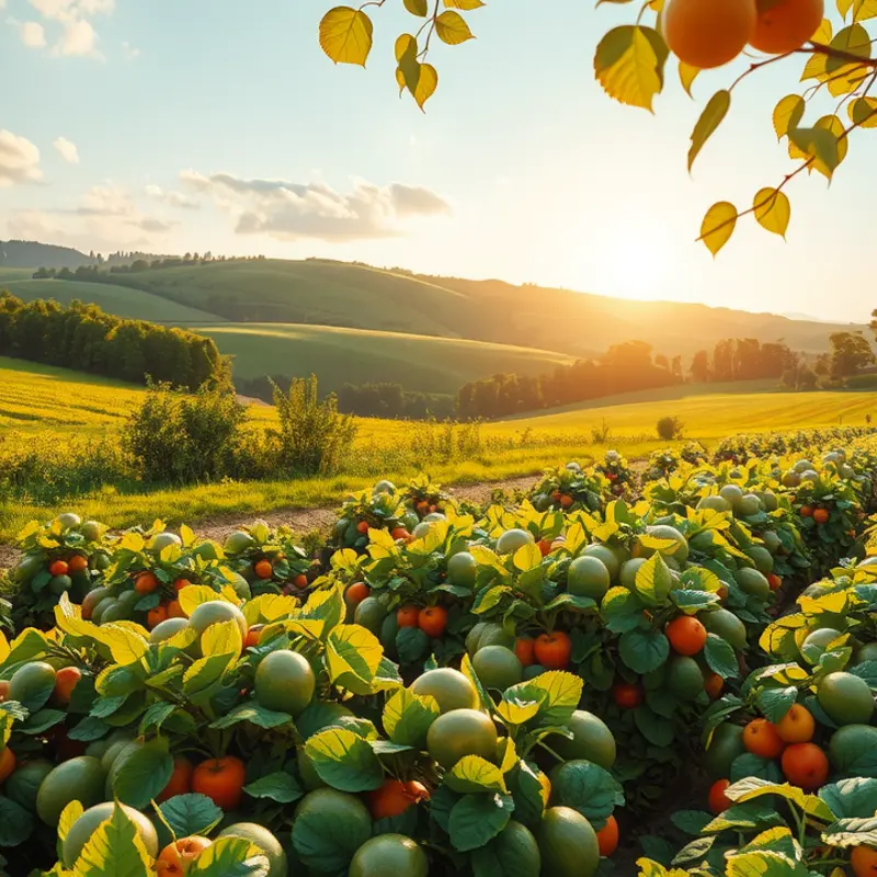 Fruits and vegetables thriving in a sunlit orchard.