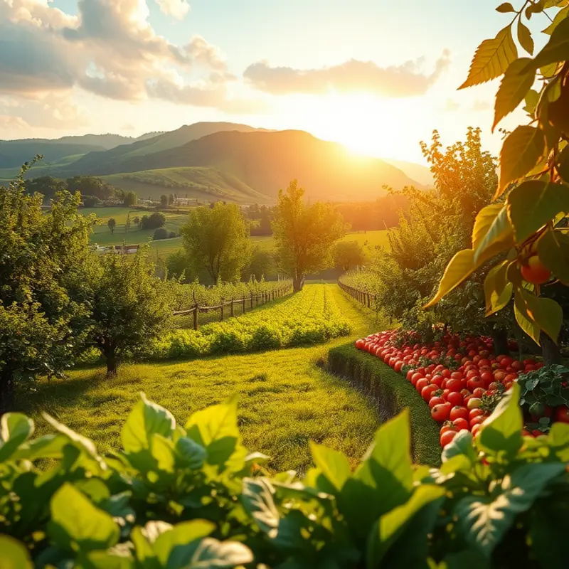 A sunlit orchard brimming with fresh, organic produce.