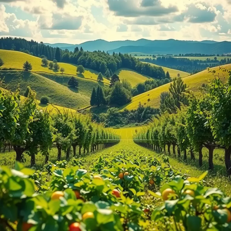 A serene landscape featuring healthy, vibrant produce representing macronutrients.