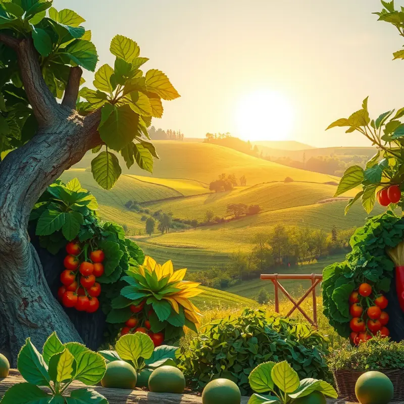 A serene landscape highlighting the abundance of nature and organic produce.