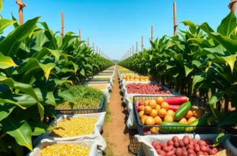 A beautiful landscape of a sunlit field abundant with fresh vegetables and fruits, showcasing organic farming.