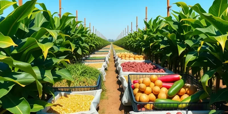 A beautiful landscape of a sunlit field abundant with fresh vegetables and fruits, showcasing organic farming.