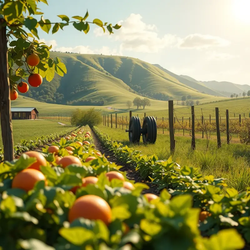 A vibrant landscape showcasing fresh vegetables and fruits in a sunlit field.