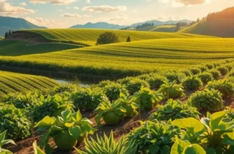 A scenic view of a sunlit field filled with colorful fruits and vegetables amid lush greenery.