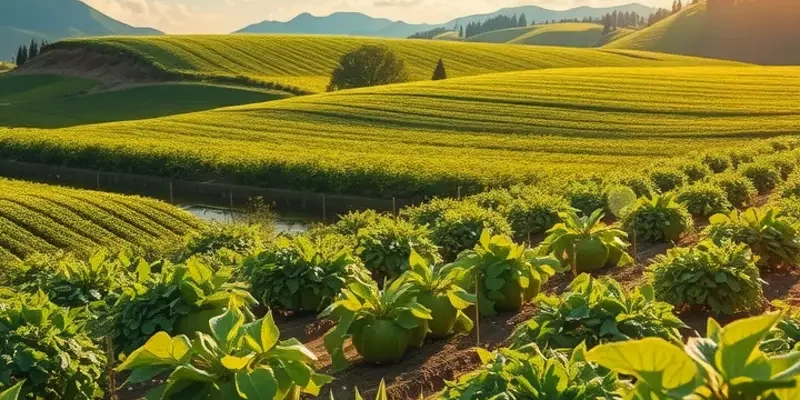 A scenic view of a sunlit field filled with colorful fruits and vegetables amid lush greenery.